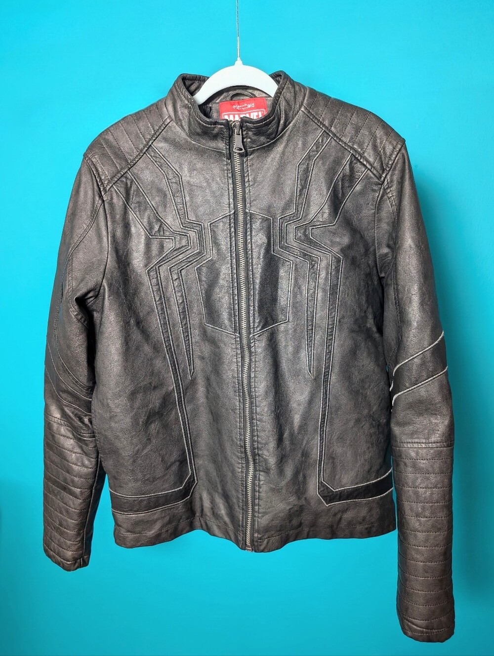 MARVEL SPIDER-MAN | Black Leather Motorcycle Jacket - Classic Zip Front